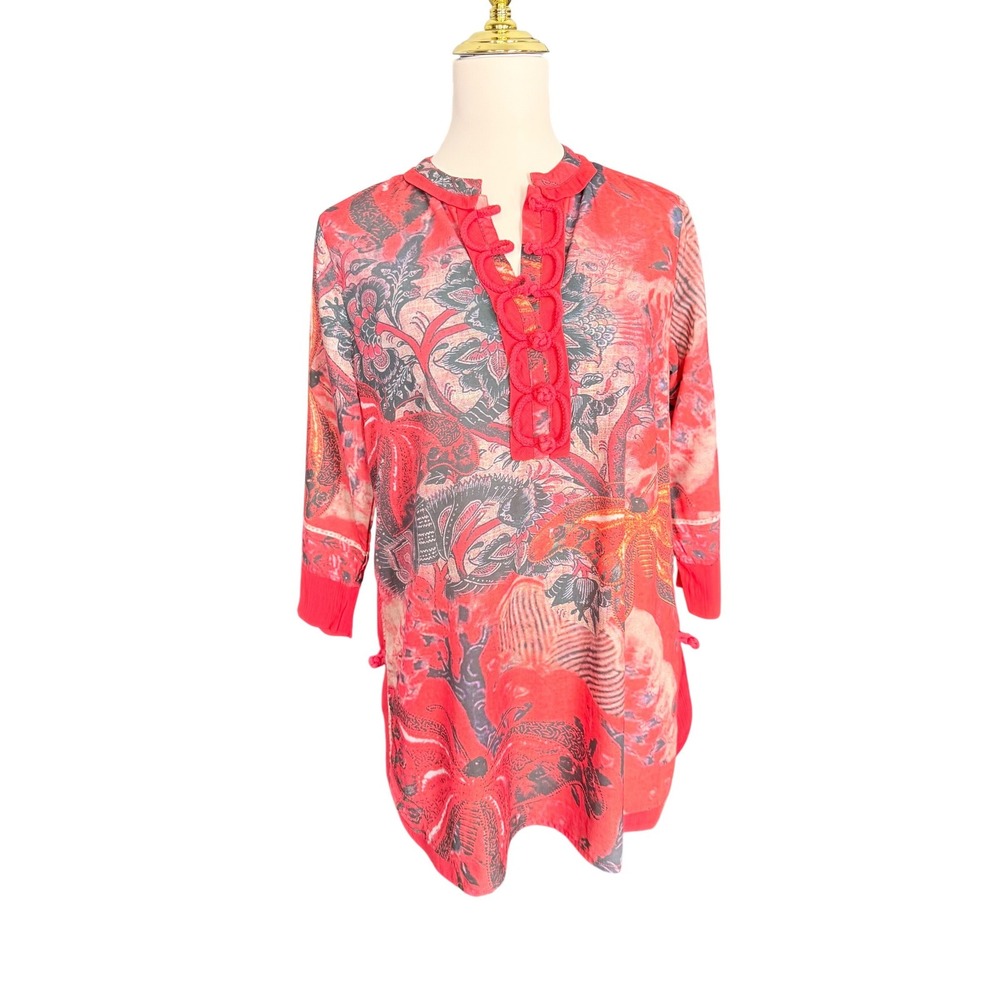 Soft Surroundings Red Floral Butterfly Tunic Top Frog Closure Womens Small 31281 - Picture 6 of 12